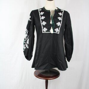 World Market Top, 100% Cotton, S/M, Black And Embroidered Tie Front Boho Classic